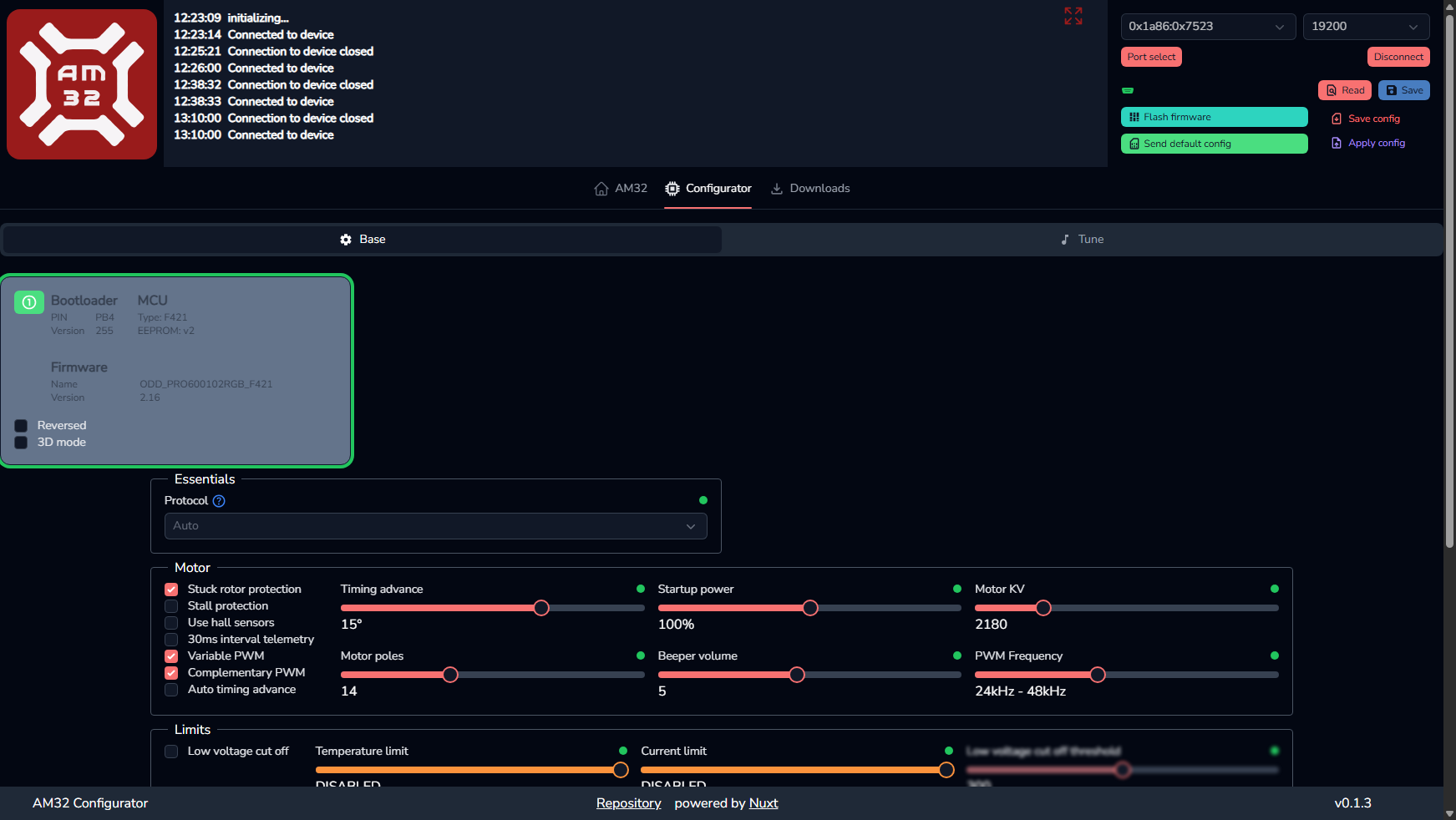 AM32 online configurator after a successful connection